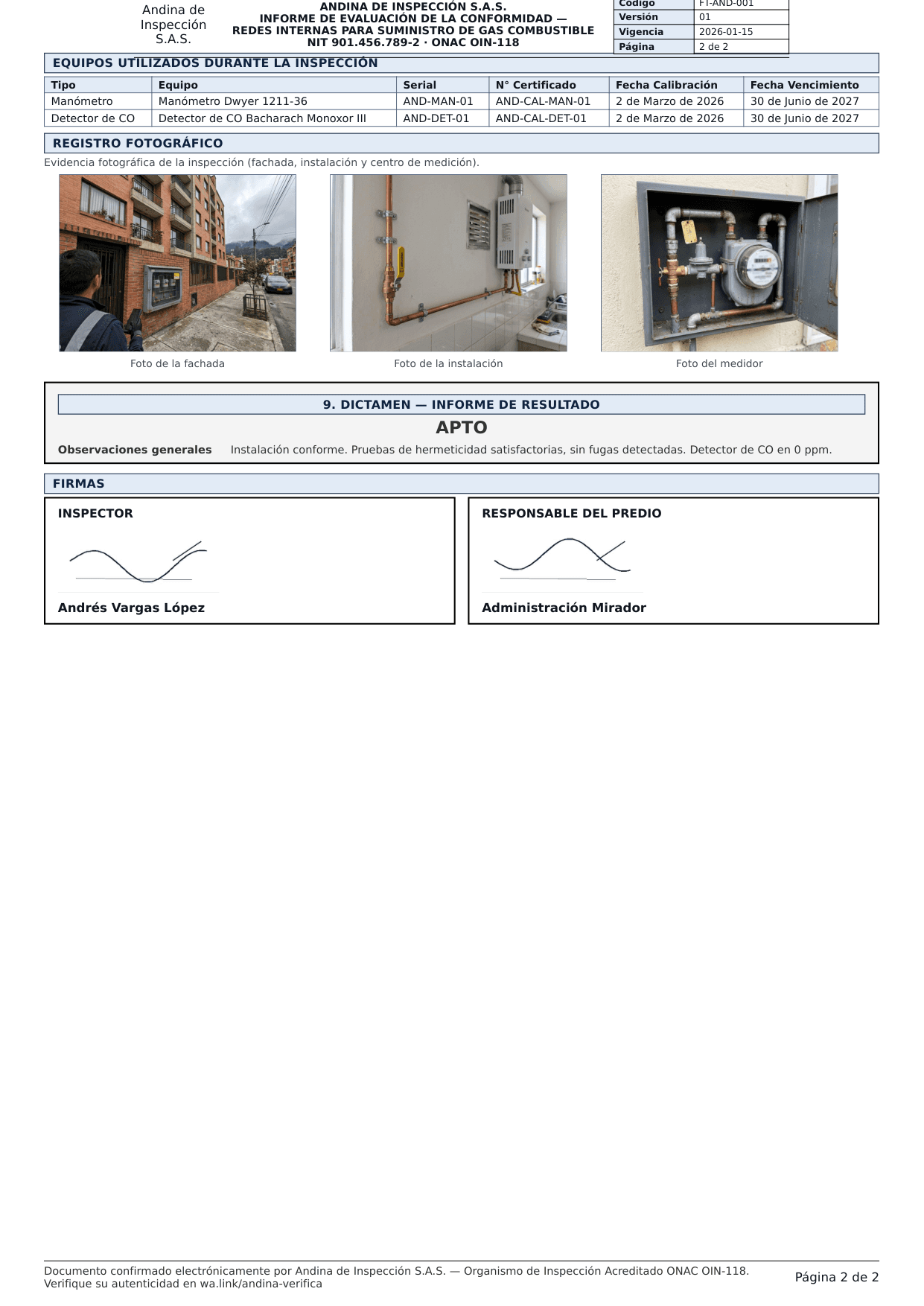 Acta de inspección de gas en PDF, página 2 con dictamen y firmas