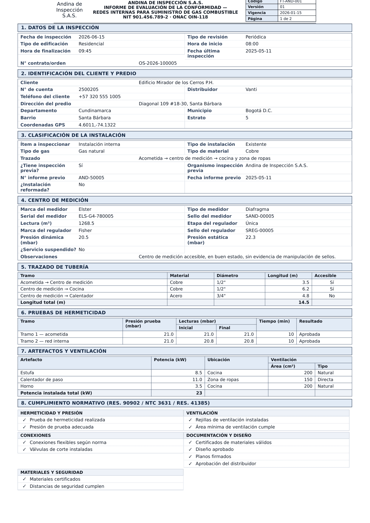 Acta de inspección de gas en PDF, página 1