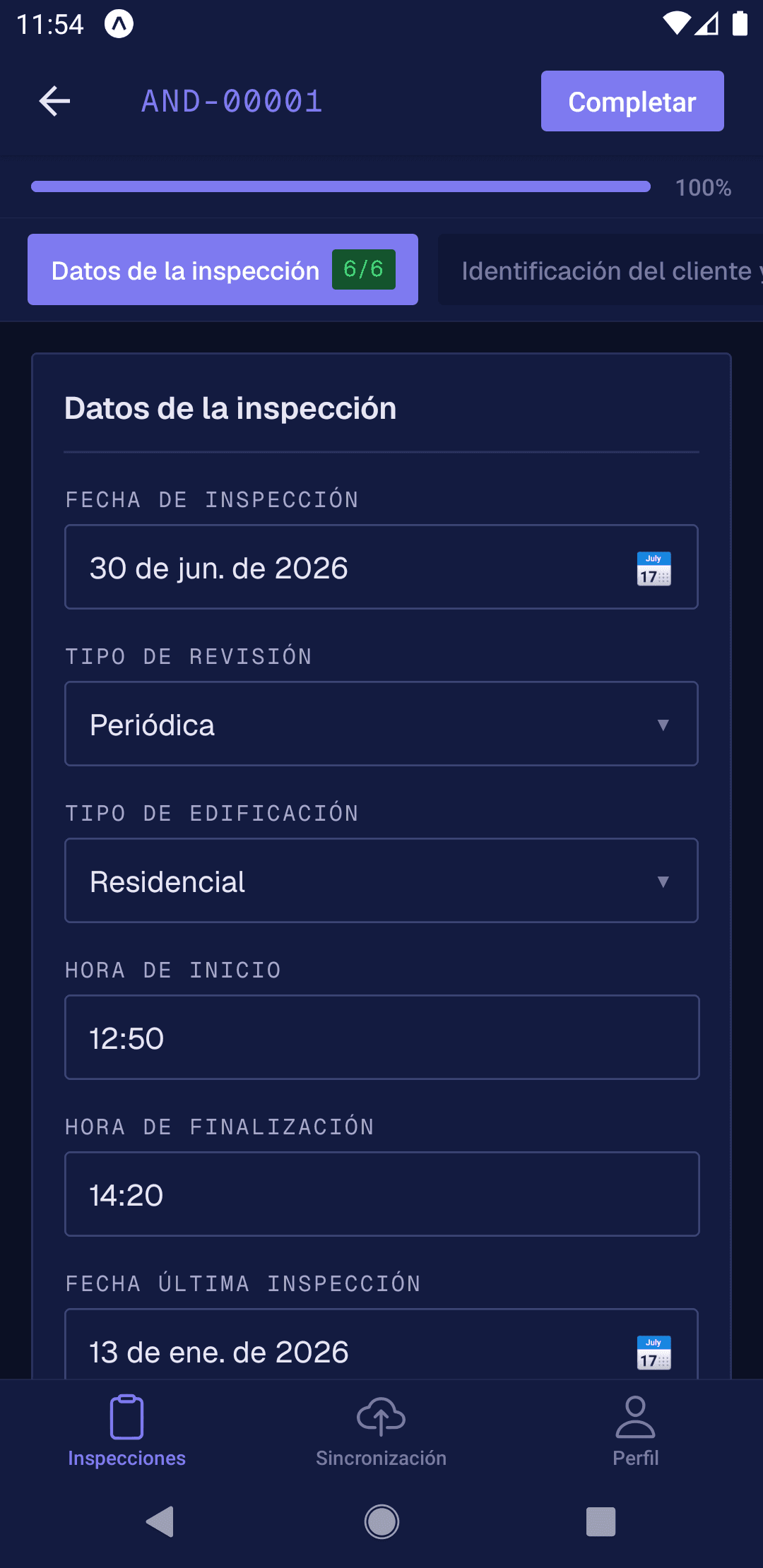 App móvil llenando el formulario de inspección sin conexión
