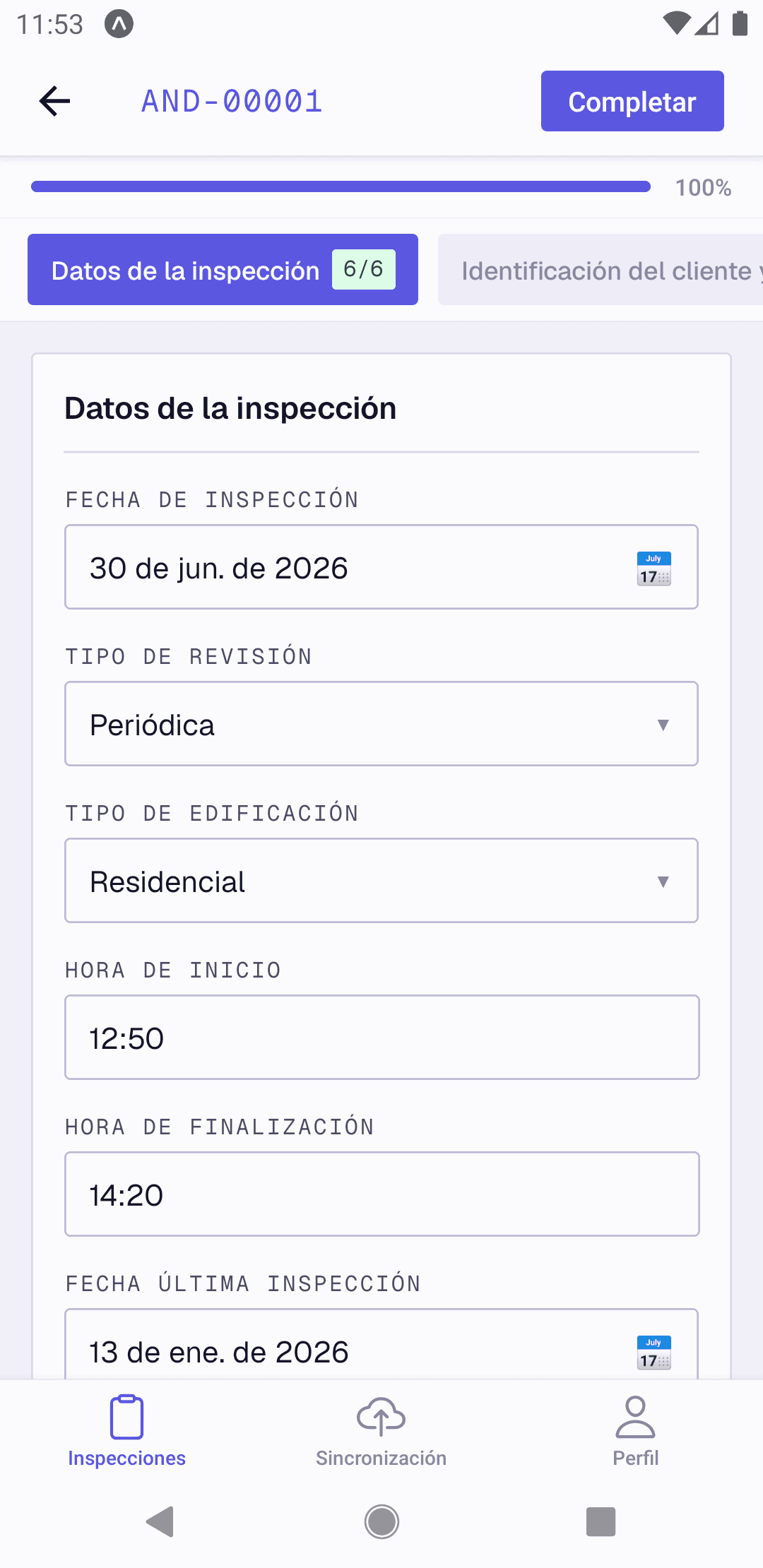 App móvil llenando el formulario de inspección sin conexión