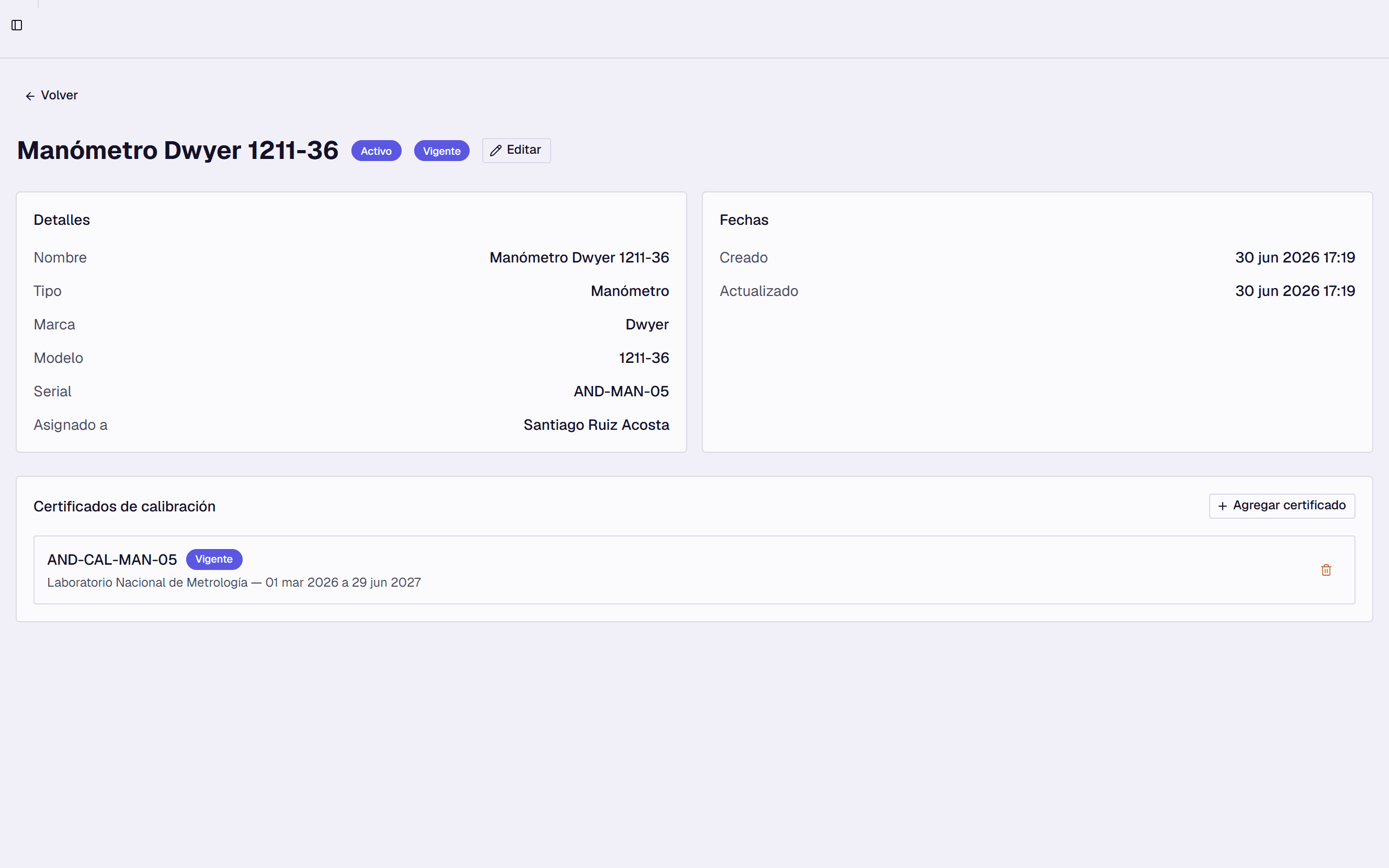 Detalle de equipo con su certificado de calibración y vigencia