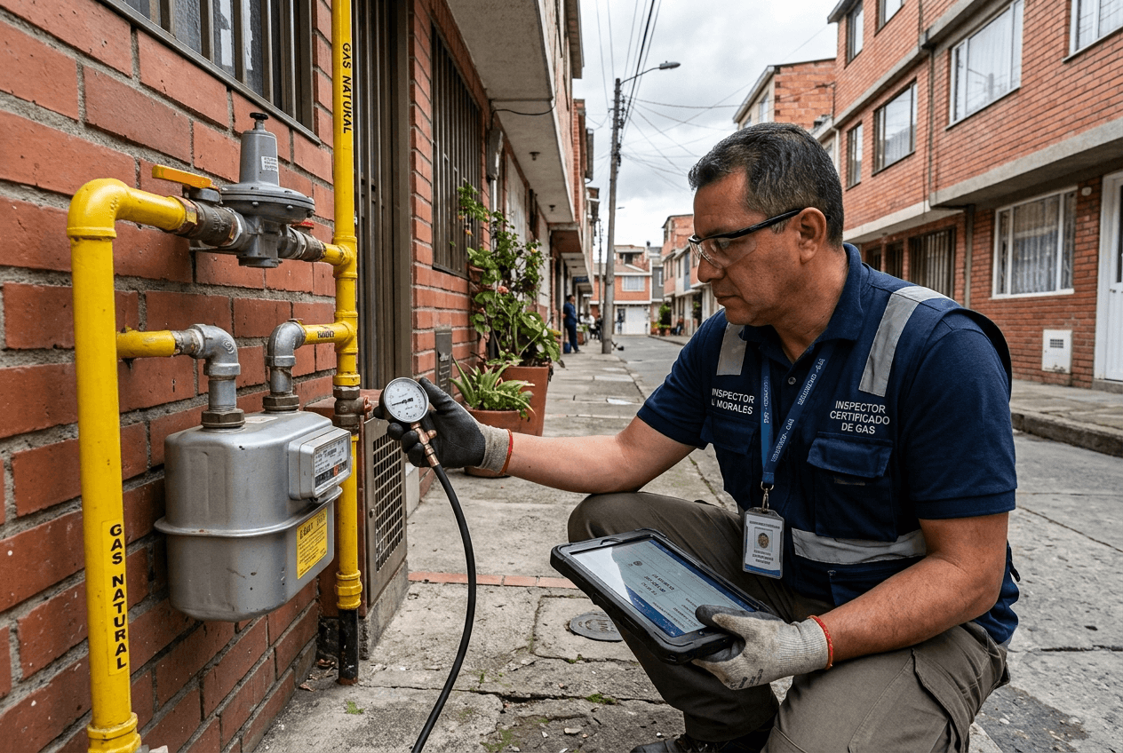 Imagen ilustrativa de una inspección de red de gas domiciliario: un técnico revisa un medidor de gas con un manómetro mientras registra la visita en una tablet, sobre una fachada residencial.